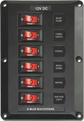 Blue Sea , Power Distribution Box Blue Sea 4352-BSS Circuit Breaker Panel; 12 Volt DC; 45 Amp; 6 Positions; Black; Polycarbonate/ ABS; 4-1/2" x 6-1/2" x 1-3/4"