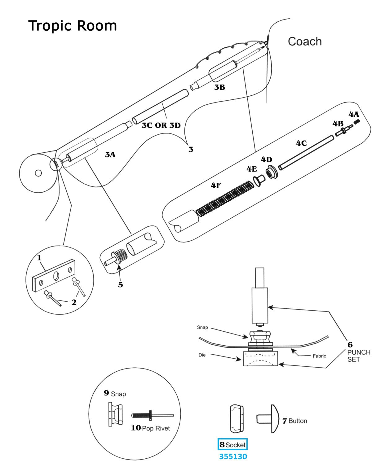 Woodland Airstream Parts and RV Accessories Store, Zip Dee Socket for Front & Side Panel "Lift Dot" for Tropic Room - 355130